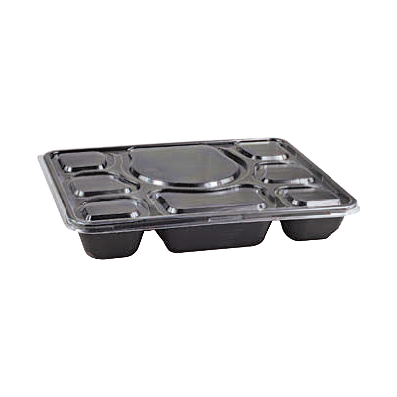 Black Rect Microwavable Cont. 8 Comp + Clear Lid